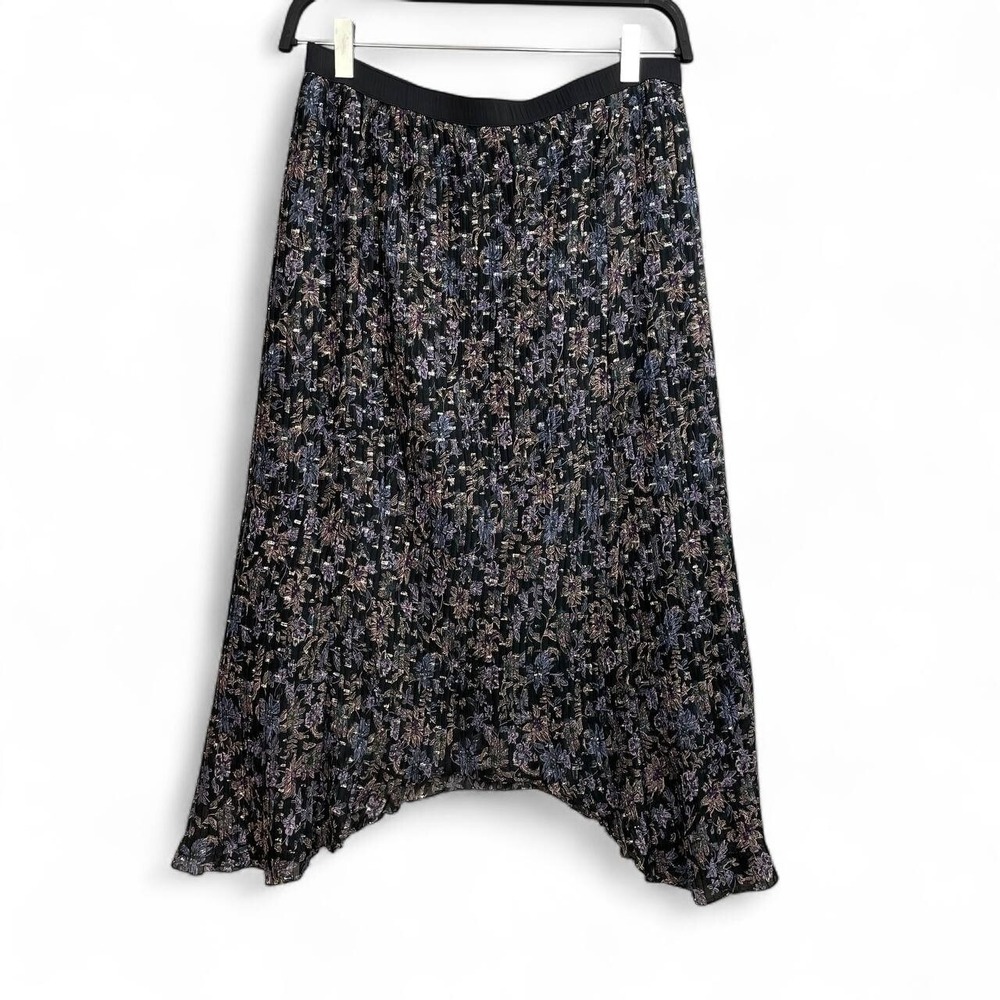 Metallic Pleated Asymmetrical Midi Skirt Black Floral Elastic Waist Small Dark